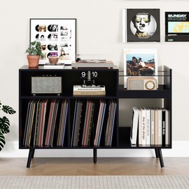 RARZOE Large Record Player Stand, Mid Century Vinyl Record Display Stand, Turntable Stand with Storage, Record Player Holder Up to 350 Albums, Record Vinyl Storage Cabinet for Living Room, Black
