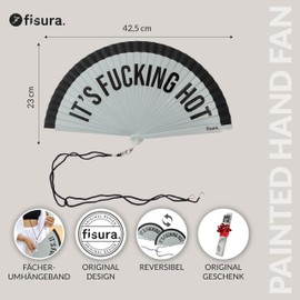 Fisura – Origineller Fächer mit Text „It’s f*cking hot“. Moderner, farbenfroher Handventilator aus wendbarem Holz. Graue und schwarze Töne. Haken inbegriffen. Größe: 42,5 x 23 cm