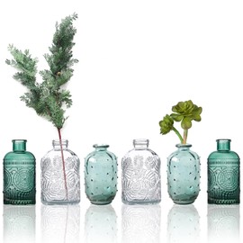 Rinlong Green Vase Set of 6 Small Glass Vase Bud Vases for Flowers Vintage Textured Colored Vase Mini Wedding Centerpieces Vases Home Christmas Decor