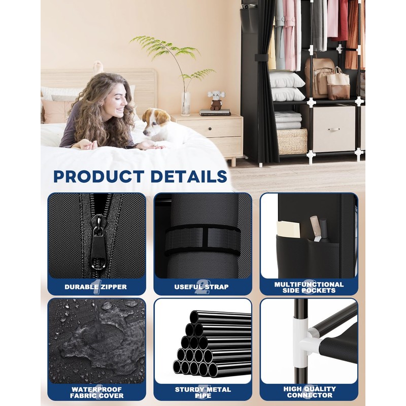Mavivegue Clothes Organizer with 4 Hanging Rods, Portable Closet Wardrobe,