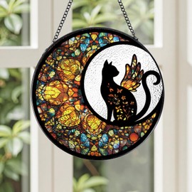 Rngmsi Cat Memorial Gifts for Loss of Cat, 7.8″ Moon Stained Glass Window Hanging Home Art Decor, Decorative Sun Catchers Pet Loss Sympathy Gift Ornament
