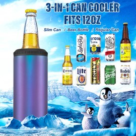 3 in 1 Slim Can Cooler for 12 OZ Skinny Can, Regular Can & Beer Bottle - Keep Cold for 6 Hours - Double Walled Insulated Stainless Steel Vacuum Beverage Insulator (Aurora)