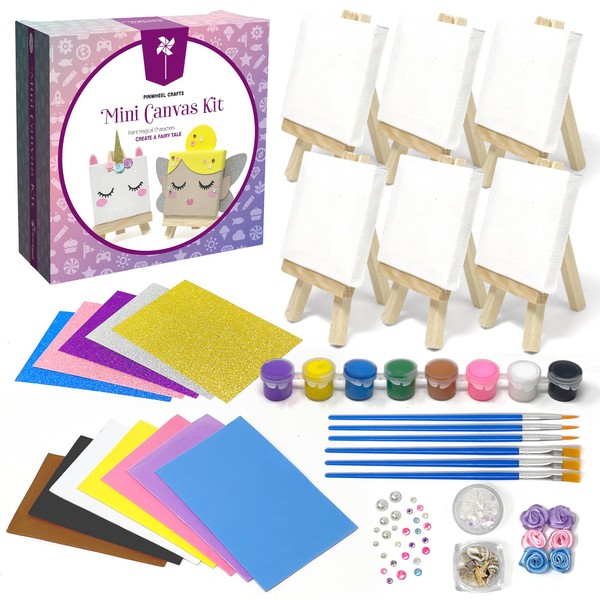 Pinwheel Crafts Mini Canvas & Easel Set, Miniature Painting Kit for Kids, 6 Small Canvas Panels Value Pack with Paint Brushes, Paints, Easels & Creative Canvas Art Supplies for Kids Party Activity