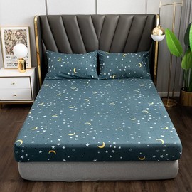 Damier Spannbetttuch 160x200cm Blaues Sternendruck Spannbettlaken mit Gummizug Mikrofaser Boxspringbettlaken geeignet für Matratzen von 30cm