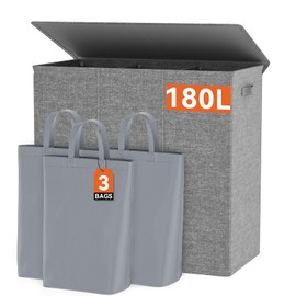 WOWLIVE 180L Laundry Hamper with Lid 3 Section,Large Laundry Basket with Removable Bags and Handles,Collapsible Dirty Clothes Hampers for Laundry,Laundry Basket Organizer for Laundry Room,Dorm,Grey