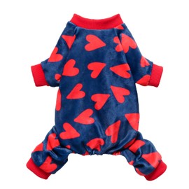 Fitwarm Valentines Day Sweet Hearts Dog Pajamas, Dog Winter Clothes for Small Dogs Girl Boy, Lightweight Velvet Pet Jumpsuit, Cat Onesie, Dark Blue, Red, Small