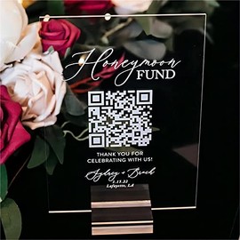 Letrero de boda de acrílico personalizable con código QR, soporte de fondo de luna de miel transparente personalizable, visualización de recepción interactiva, mini decoración de mesa