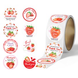 500Pcs Strawberry Stickers 1 Inch Round Sticker Roll Cute Fruit Label Stickers Envelope Seal Small Decals 8 Designs Strawberry Thank You Decorative Decals Self Adhesive Jar Labels for Party Supplies