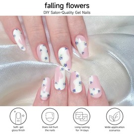 DUKASOU Semi Cured Gel Nail Strips, Falling Flowers | 28 pcs Chinese Style Gel Nail Strips Work with Any UV Lamp, Salon Quality New Chinese Nail Stickers, Include Prep Pads, Nail File&Wood Stick