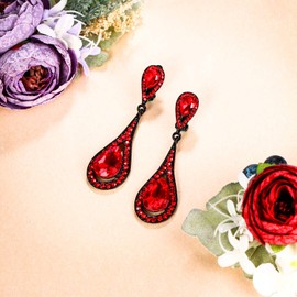 EVER FAITH Austrian Crystal Costume Jewelry Accessories Elegant Dual Tear Drop Prom Clip-on Dangle Earrings for Women Red Black-Tone