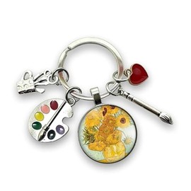 Geschenk Schl√ºsselanh√§nger ¬´ Die Sonnenblumen ¬ª von Van Gogh, Maler, Malerei, Leinwand mit Glascabochon und Charms Palette, Pinsel, Pastell und Herz, Kreation