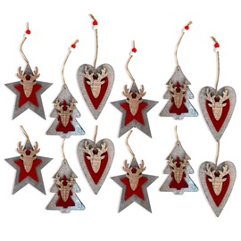 Robelli Pack of 12 Wooden Red & Grey Christmas Tree Pendants (Star, Heart & Tree)
