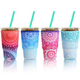 Patelai 4 Pieces Reusable Iced Coffee Sleeve Cup Insulator for Cold Drinks Beverages and Holder for Most Coffee(30-32 oz Large,Flower Style)
