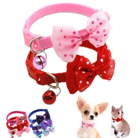 2 Pack Puppy Collar with Bell, Xs Dog Collar Girl with Bow Tie, Cute Cat Collars with Bell Adjustable for XXS Xs Small Tiny Females Dogs Pet Kitten Animal, Pink+Red