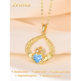 March Birthstone Wedding Birthday Gifts Claddagh Necklace for Women Sterling Silver Irish Claddagh Pendant Gold Plated Aquamarine Jewellery Gifts