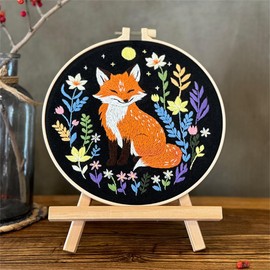 Meecaa Animal Fox Moon Flower Embroidery Kit Starter Set, Hand Embroidery Set,Pattern Printed Cross Stitch Set for Beginner Adults, with Embroidery Hoop and Instructions (Animal)