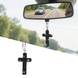 Wuyaoyao Bling Hanging Ornaments for Car Rear View Mirror, Crystal Rhinestone Cross Car Charm, Automotive Rearview Mirror Hanging Pendant, Vehicle Religious Gift Decoration for Christian (Black)