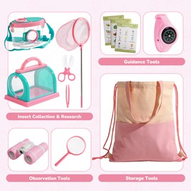 ROBOTIME Bug Catcher Kit for Kids, 12Pcs Explorer Kit, Outdoor Adventure Set with Kids Binoculars, Butterfly Net, Insect Box, Magnifying Glass and Compass Watch for Toddlers 3-12 (Pink)