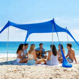 AMMSUN Beach Tent Sun Shelter, 10x10.5 FT Beach Canopy Tent Sun Shade with 4 Sand Anchor & Sand Bags | UPF 50+ Protection | 4 Thickened Poles | Windproof & Lightweight for Camping, Blue