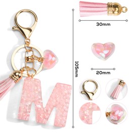Key Chain with Letter, Initials Keyring with Heart Pendant, Pink Tassel, Gifts for Women, Bag Handbag Travel Decoration, m, S