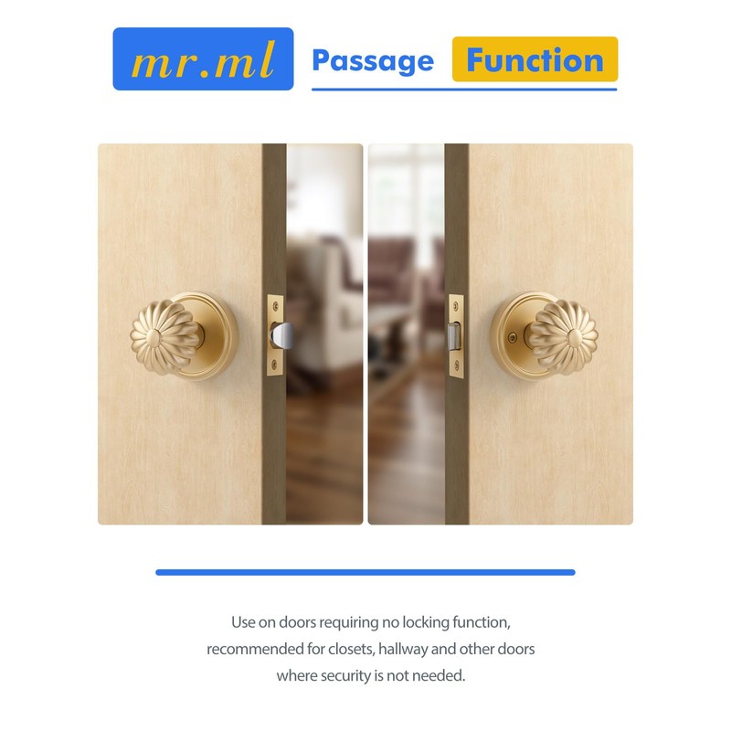 MRML Brushed Gold Passage Door Knob, Interior Closet Pantry Hallway