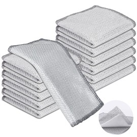 Tecfino 12PCS Three Layer Steel Wire Dishcloth, Multi-Functional Non-Scratch Wire Dishcloth, Wet and Dry Cleaning Rags, Stainless Steel Cleaning Cloth, Kitchen Rags for Cookware, Plates, Stove Tops