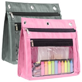 YoeeJob 2 Pack 1 Inch Expandable Zipper Pencil Pouches with Clear Window for 3 Ring Binder, Suitable for School & Office (Grey+Pink)