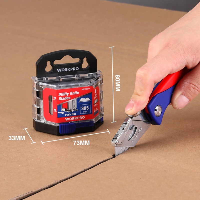 WORKPRO 50-Pack Utility Knife Blades with Dispenser, SK5 Steel Box