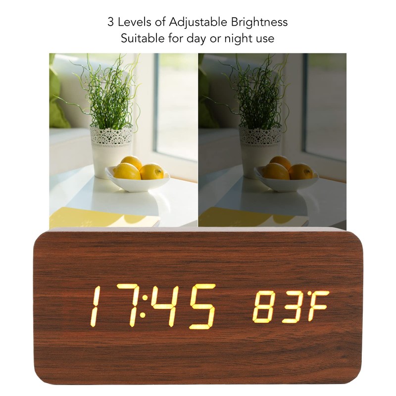 LED Table Clock Wood Look, Alarm Clock Digital Radio Clock,