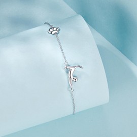 Qings Animal Dachshund Bracelet for Pet Lovers 925 Sterling Silver Cute Cat Dog Paw Print Adjustable Link Bracelet for Women Mom Dog Lovers, Sterling Silver, No gemstone
