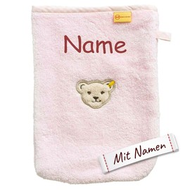 LALALO Steiff Bear Children's Wash Mitt Embroidered with Name, Girls Pink, Baby Toddler Wash Cloth for Bathing as a Gift for Birth Christening Easter Christmas Birthday