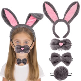 Vovii Premium Gray Rabbit 4 Piece Costume Set with Adjustable Ear Headband Bow Tie Nose and Fluffy Tail for Children's Dress Up and Theater Play