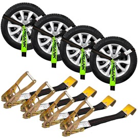 Digank Car Tie Down Straps for Trailers (4PK) Flat Hooks Lasso Style and 2'' X 96'' Tie Down Webbing Easily Secure Tire Tie-Downs for Any Car, SUV, Jeep or Sports Car