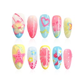 HOMSERA Pink Medium Almond Fake Nails Handmade Press on Nails with 3D Flowers Pearl Water Ripple Design, French Tips Full Cover Stick on Nails, Summer Beach Acrylic Glue on Nails for Women