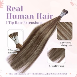 KiiKiiGirl Remy I Tip Hair Extensions Human Hair 18 Inch #T4/P4/16 Brown mixed bleached blonde Itip Human Hair Extensions Invisible Silky Straight 50g/62s