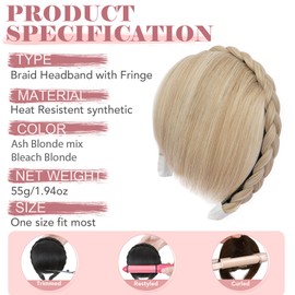 S-noilite Headband with Fringe, Front Hair Fringe Wigs, Headbands, Synthetic Braided Hair Extensions, Ash Blonde Mix with Blonde Blonde