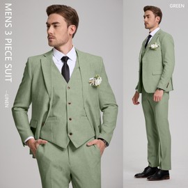 Mens Linen Suits 3 Piece Classic Fit Sage Green Tuxedo Suit for Wedding Lightweight Formal Business Blazer Jacket and Pants M