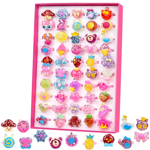 50 Pcs Little Girl Jewelry Rings Birthday Gifts- Kids Pretend Play and Dress Up Jewelry Rings for Girls Festive Gift | A Variety of Rings Styles Easter Basket Stuffers Party Favors - Glitter