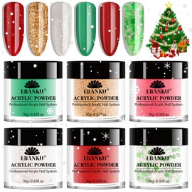 EBANKU Acrylic Powder, 6 Colors Christmas Color Acrylic Nail Powder Red Green White Gold Glitter Acrylic Powder for Nail Extension French Nail, Long-Lasting, No Nail Lamp Needed, 0.35 oz
