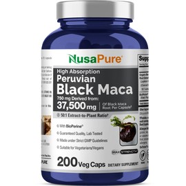 NusaPure Peruvian Black Maca Root Extract 50:1 - Suitable for Vegetarian/Vegan, Non - GMO - 37500 mg - 200 Capsules