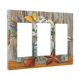 Farmhouse Floral Dasiy Flower Vintage Triple Rocker Light Switch Plates Outlet Covers Retro Country Decorative 3 Gang Wall Plate Electrical Switchplate Faceplate for Bathroom Home Decor Accessories