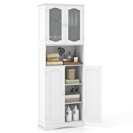Tangkula 64.5" Tall Bathroom Storage Cabinet, Freestanding Floor Cabinet with Frost Glass Doors and Shelves, Kitchen Pantry for Living Room, Dining Room, Office (White, 64.5" H)