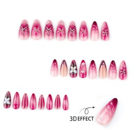 MouyouGlow Press on Nails Short Almond Pink French Airbrushing 3D Flowers Floral Water Rib Crystal Pearl Summer Fake Nails with Nail Glue, Pink Flowers Acrylic Rhinestone Artificial Fingernails