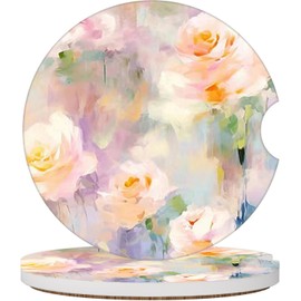 2 Pcs Car Cup Coasters Colorful Rose Flowers Cute Aethetic Absorbent Ceramic Car Coasters for Cup Holders with Finger Notch Anti Slip Cork Base 2.56inch Women