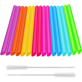 Pack of 16 Bubble Tea Straws, 10 x 260 mm Jumbo Smoothie Straws, Coloured Straws with Cleaning Brush, Pointed Design, Thick Straws, Reusable, Drinking Straws Suitable for Smoothie Juices