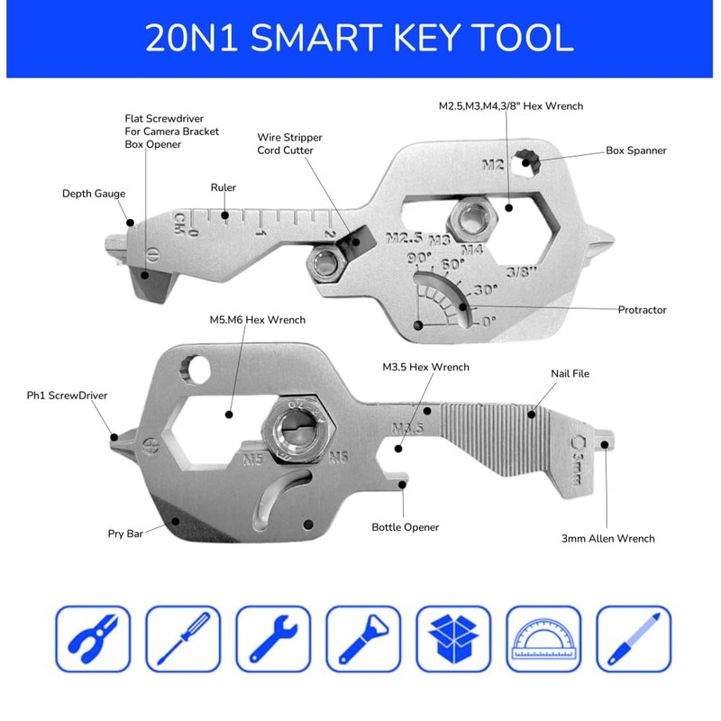 Keychain Multitools,EDC Multitool,20-in-1 Key Shaped Multitool - Compact Stainless Steel