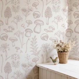 LUKUUI Mushroom Wallpaper, Floral Peel and Stick Wall Paper Removable Contact Paper for Bathroom Bedroom Cabinets, 17.3"×78.7", Beige