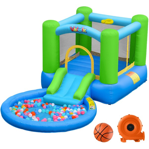 Valwix Inflatable Bounce House with Blower for Kids 3-5 y/o, Bouncy Castle w/Waterslide & Pool for Wet Dry Combo, Bouncer w/Repair Kits, Fun Bounce Area with Basketball Hoop