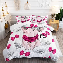 XYNHML Kawaii Cartoon Pink Pig Scarf Comforter 3Pcs Flower Bowknot Bedding Full Bow Tie Floral Pet Pig Quilt Set for Kid Teen Girl Boy Lovely Animal Bed Decor with 1 Comforter and 2 Pillowcases