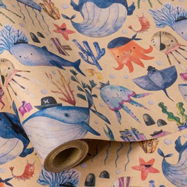 RUSPEPA Baby Wrapping Paper Neutral Kraft Paper Roll, Mini Roll, Pirate Themed Ocean Design with Whales and Marine Organism, Ideal for Baby Shower and Birthday Party, 17 Inches X 16.4 Feet